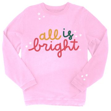 All Is Bright Embroidered Lightweight Waffle Knit Christmas Sweatshirt - Bonbon Pink